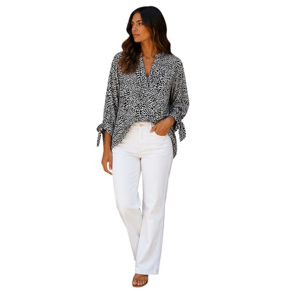 Michael Kors 1X Animal Print Blouse Plus Size Black White Tie Sleeve Top